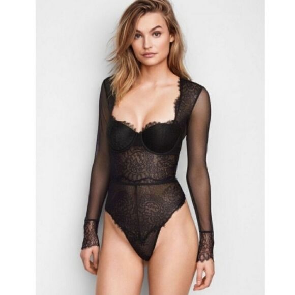 Victoria's Secret Eyelash Lace Mesh Sheer Thong Bodysuit Teddy Long Sleeve 36C - Picture 16 of 16